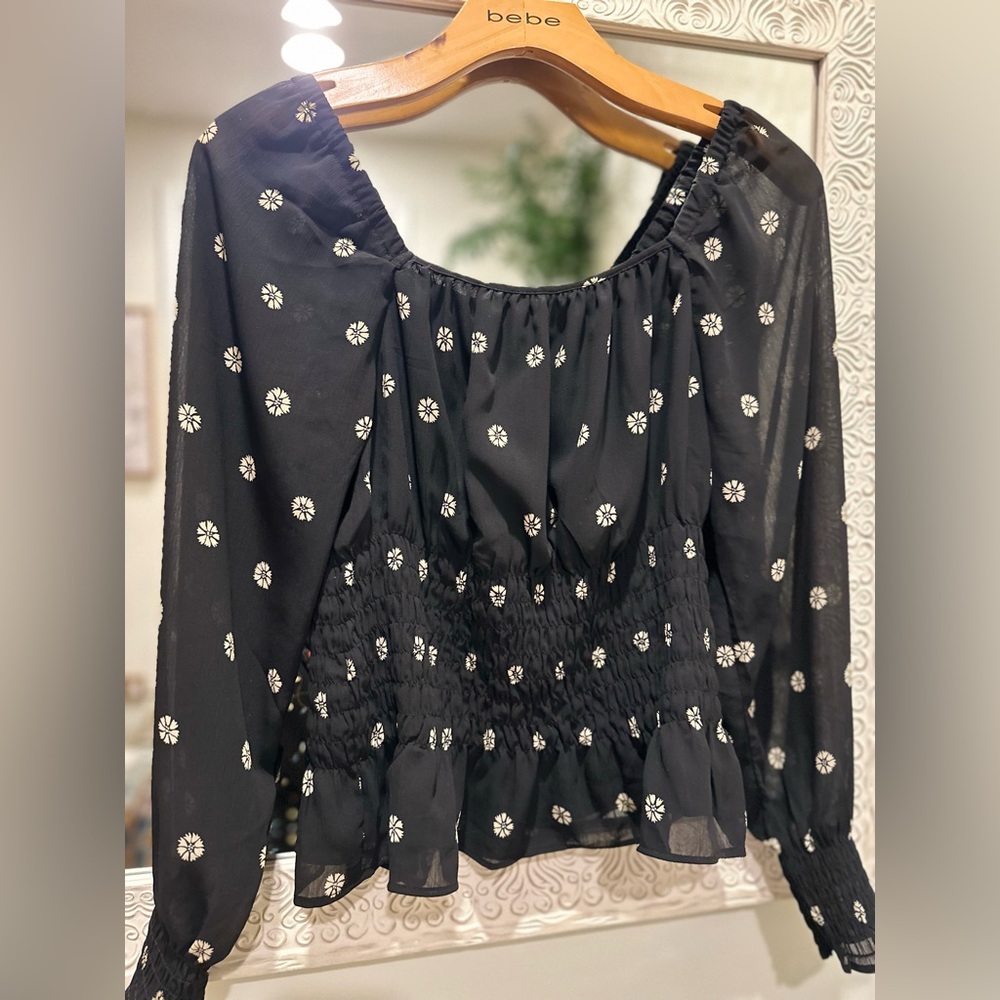 NWT Madewell Smocked Square Neck / Off Shoulder Option - Black Floral Blouse - M